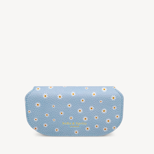 Slim Leather Glasses Case - Sky Blue Flower