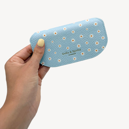 Slim Leather Glasses Case - Sky Blue Flower